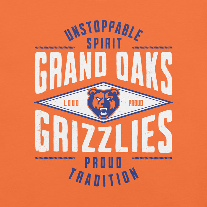 Close-up view of Grand Oaks High School Grizzlies Premium Orange Unisex T-shirt 210