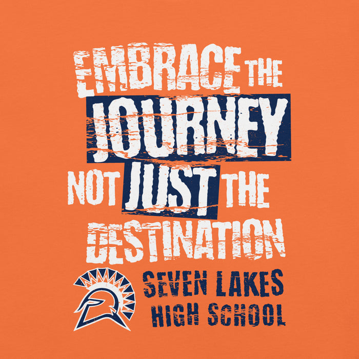 Close-up view of Seven Lakes High School Spartans Orange Premium Unisex T-shirt 232