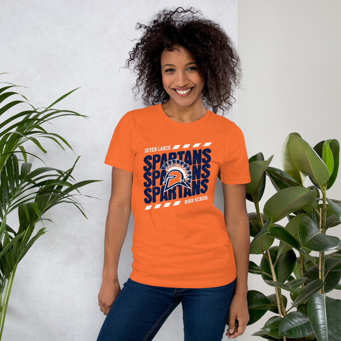 Woman wearing Seven Lakes High School Spartans Orange Premium Unisex T-shirt 223