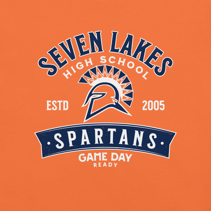 Close-up view of Seven Lakes High School Spartans Orange Premium Unisex T-shirt 221