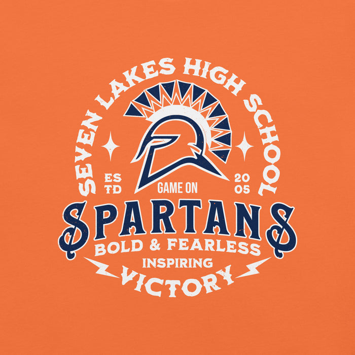 Close-up view of Seven Lakes High School Spartans Orange Premium Unisex T-shirt 206