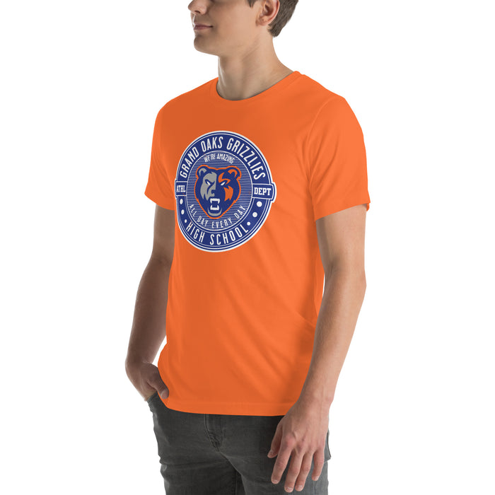 Man wearing Grand Oaks High School Grizzlies Premium Orange Unisex T-shirt 224