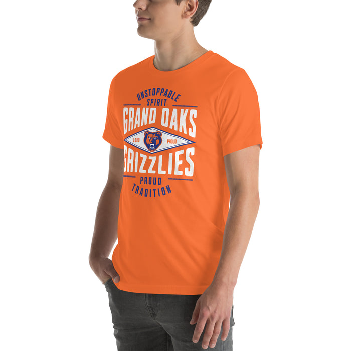 Man wearing Grand Oaks High School Grizzlies Premium Orange Unisex T-shirt 210