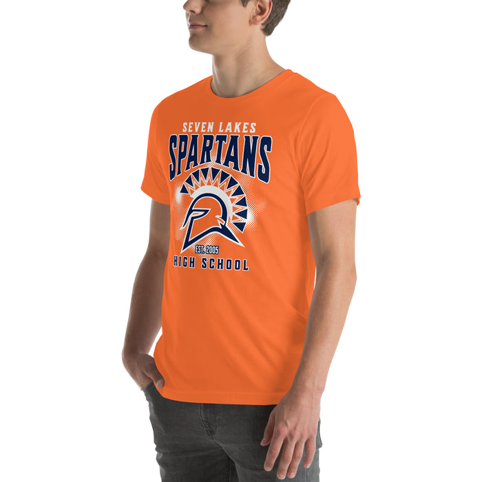 Man wearing Seven Lakes High School Spartans Orange Premium Unisex T-shirt 213