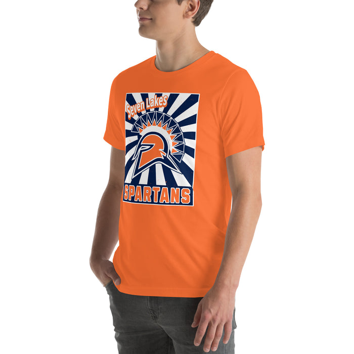 Man wearing Seven Lakes High School Spartans Orange Premium Unisex T-shirt 226