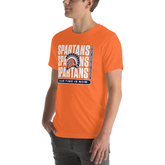 Man wearing Seven Lakes High School Spartans Orange Premium Unisex T-shirt 235
