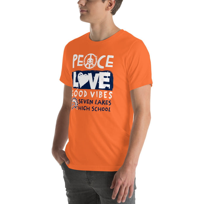Man wearing Seven Lakes High School Spartans Orange Premium Unisex T-shirt 240