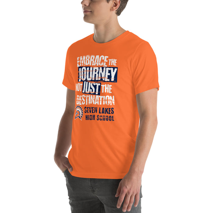 Man wearing Seven Lakes High School Spartans Orange Premium Unisex T-shirt 232p