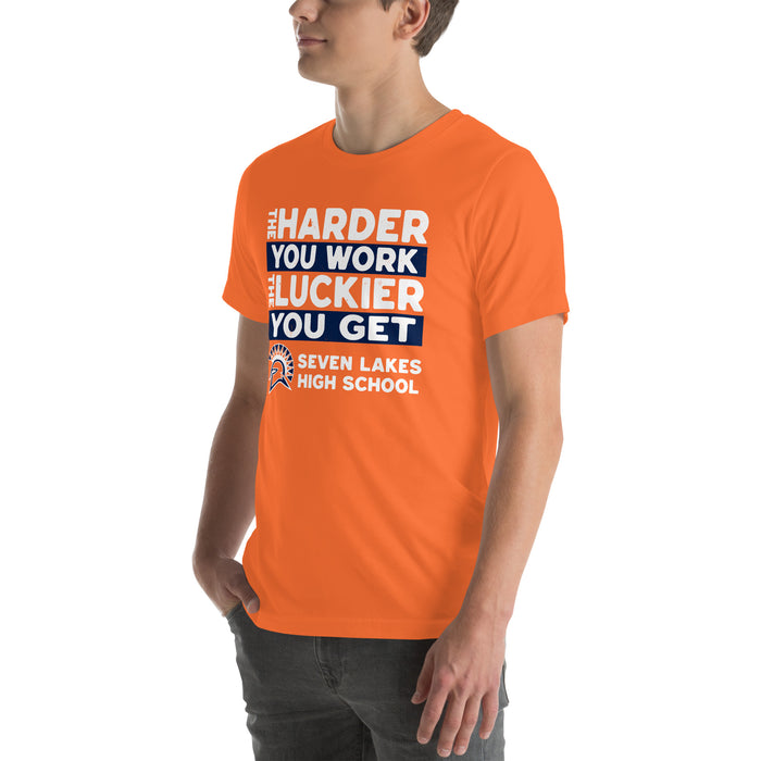 Man wearing Seven Lakes High School Spartans Orange Premium Unisex T-shirt 238