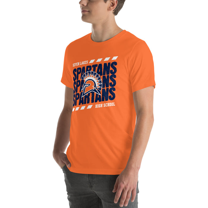 Man wearing Seven Lakes High School Spartans Orange Premium Unisex T-shirt 223