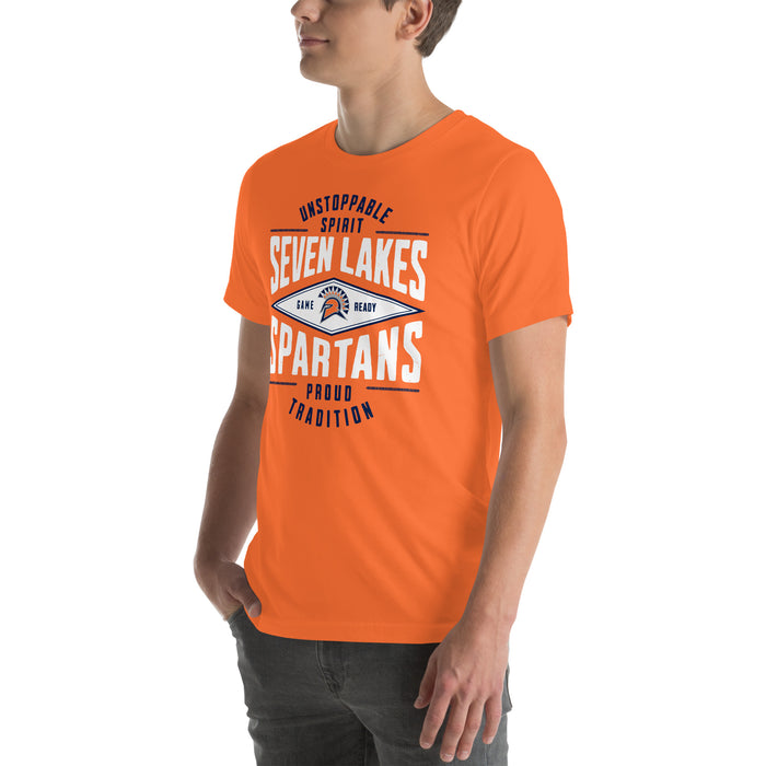 Man wearing Seven Lakes High School Spartans Orange Premium Unisex T-shirt 210