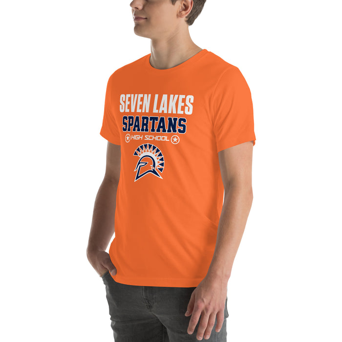 Man wearing Seven Lakes High School Spartans Orange Premium Unisex T-shirt 003