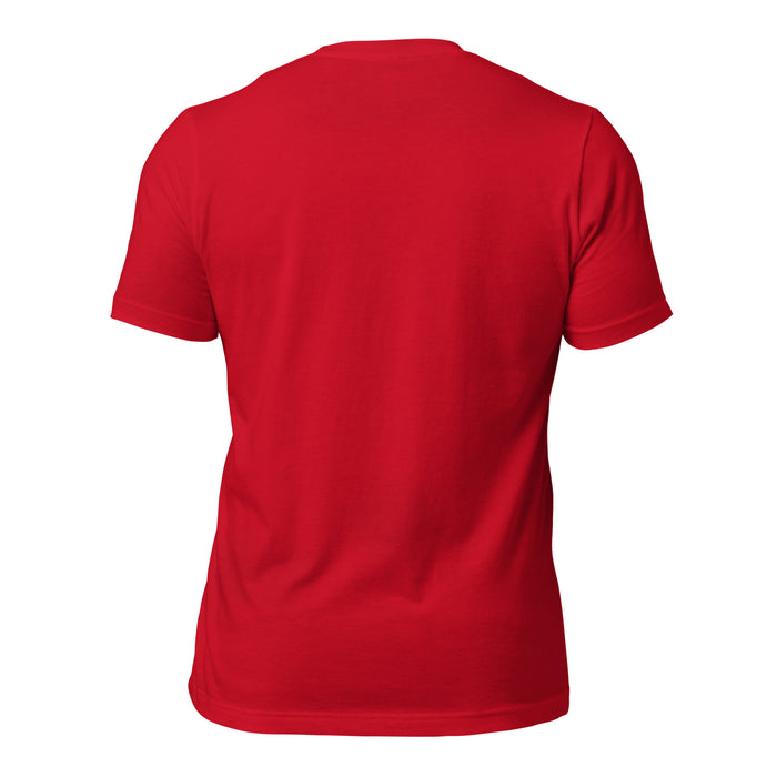 Back view of The Woodlands High School Highlanders Red Premium Unisex T-shirt 203