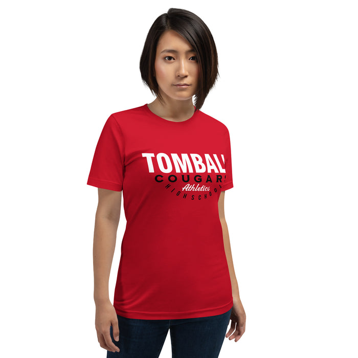 Woman wearing a Tomball High School Cougars Premium Red Unisex T-shirt 12