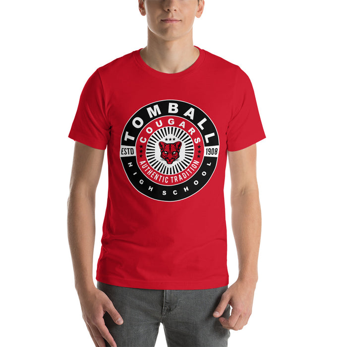 Man wearing a Tomball High School Cougars Premium Red Unisex T-shirt 30