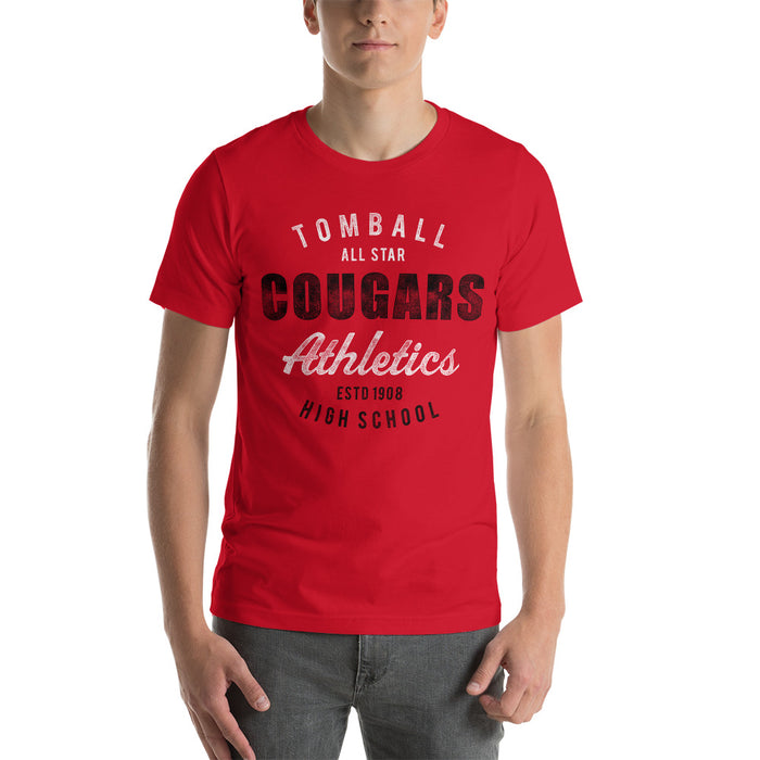 Man wearing a Tomball High School Cougars Premium Red Unisex T-shirt 34