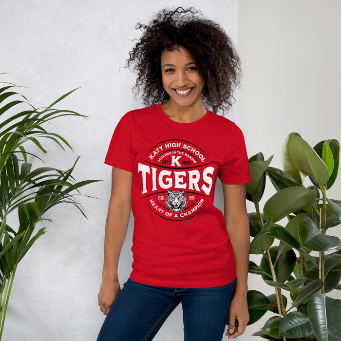 Woman wearing a Katy High School Tigers Red Premium Unisex T-shirt 202