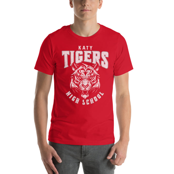 Man wearing a Katy High School Tigers Red Premium Unisex T-shirt 206