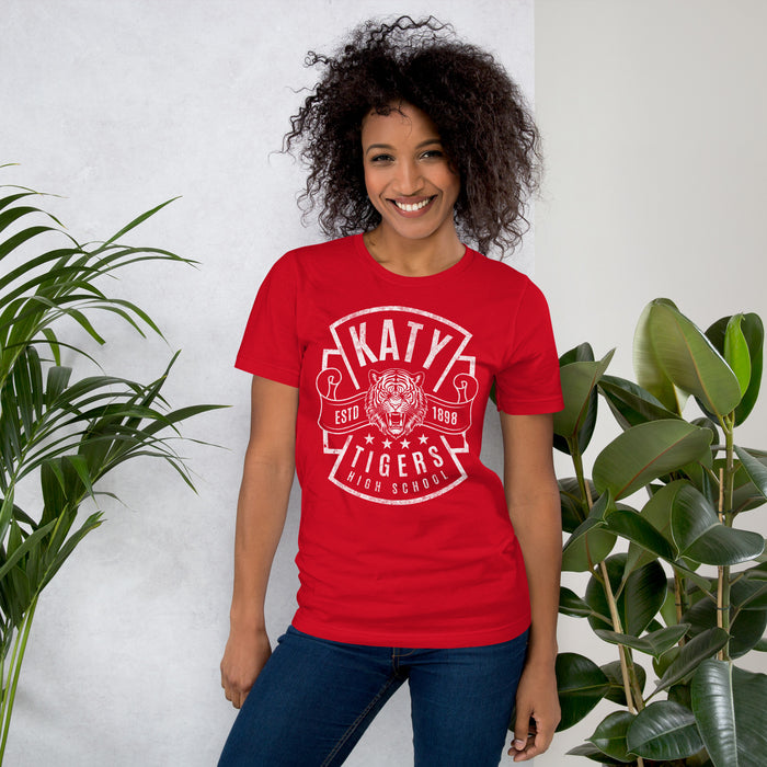 Woman wearing a Katy High School Tigers Red Premium Unisex T-shirt 208