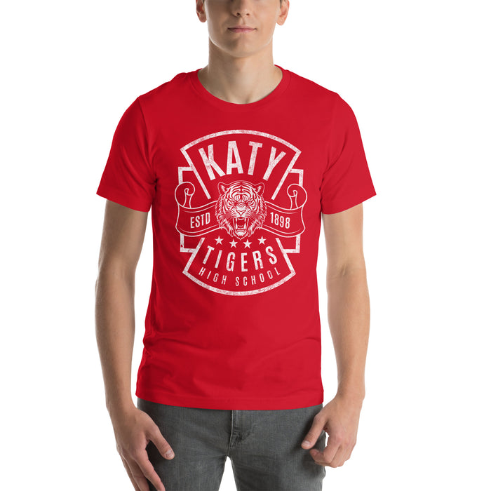 Man wearing a Katy High School Tigers Red Premium Unisex T-shirt 208