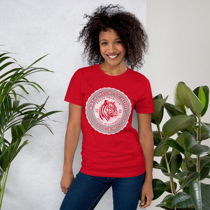 Woman wearing a Katy High School Tigers Red Premium Unisex T-shirt 209