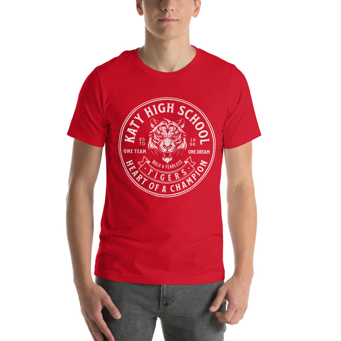 Man wearing a Katy High School Tigers Red Premium Unisex T-shirt 214