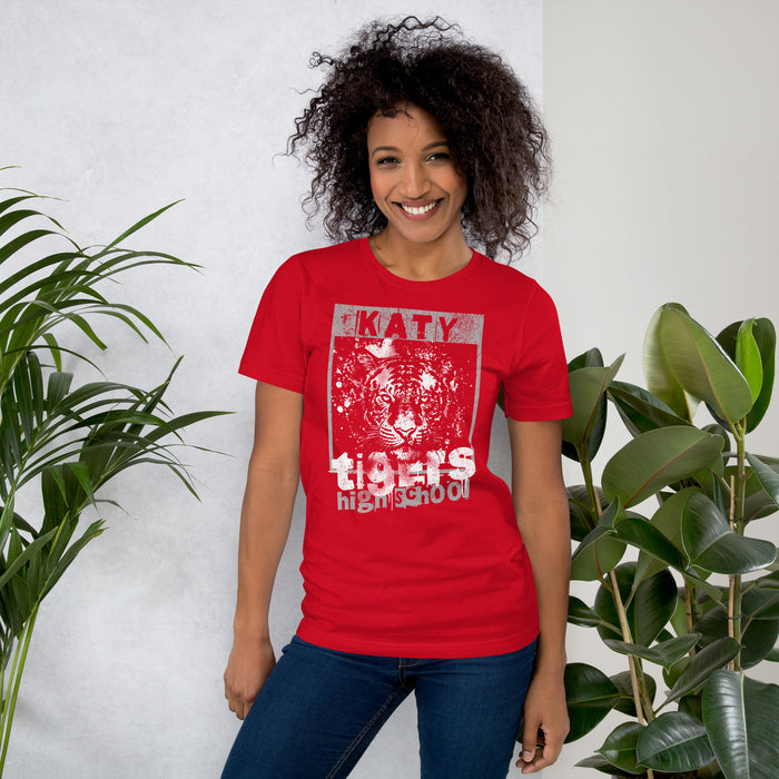 Woman wearing a Katy High School Tigers Red Premium Unisex T-shirt 216