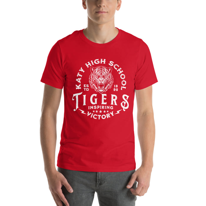 Man wearing a Katy High School Tigers Red Premium Unisex T-shirt 221