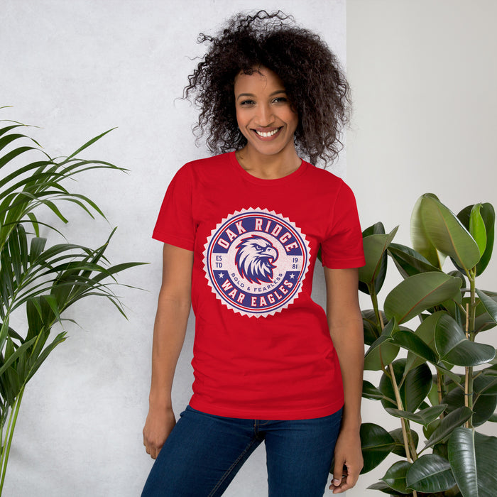 Woman wearing Oak Ridge High School War Eagles Red Premium Unisex T-shirt 203