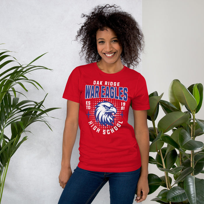 Woman wearing Oak Ridge High School War Eagles Red Premium Unisex T-shirt 204