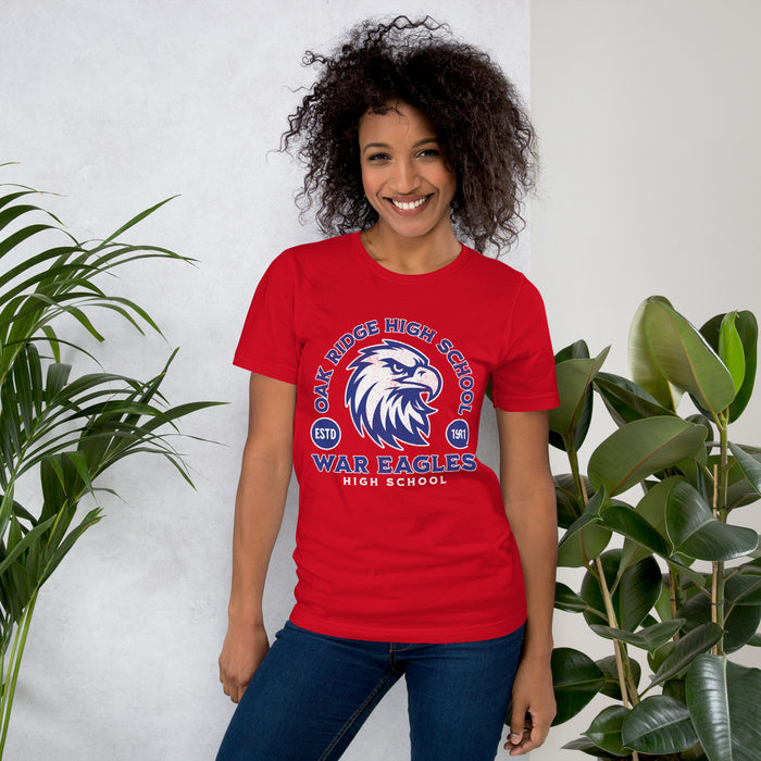 Woman wearing Oak Ridge High School War Eagles Red Premium Unisex T-shirt 208