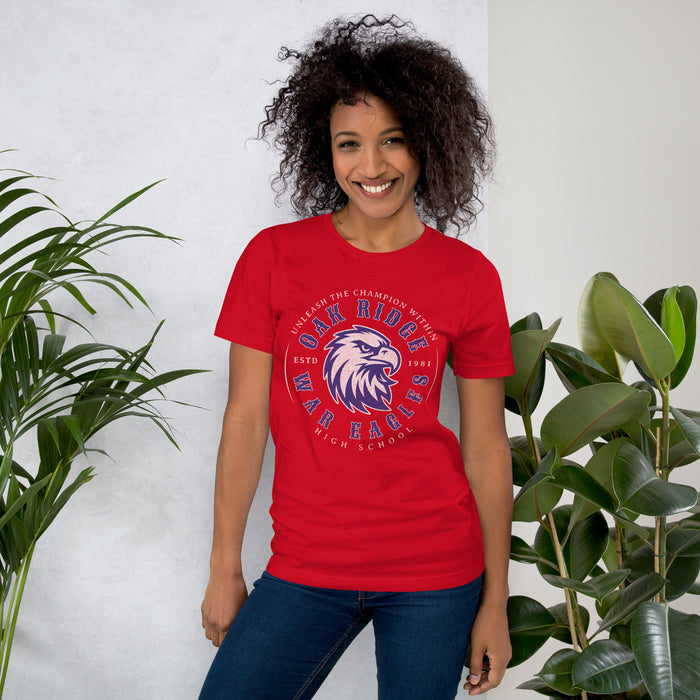 Woman wearing Oak Ridge High School War Eagles Red Premium Unisex T-shirt 210