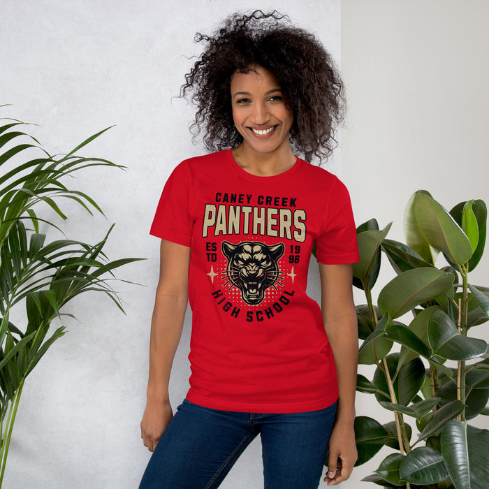 Woman wearing Caney Creek High School Panthers Red Premium Unisex T-shirt 204