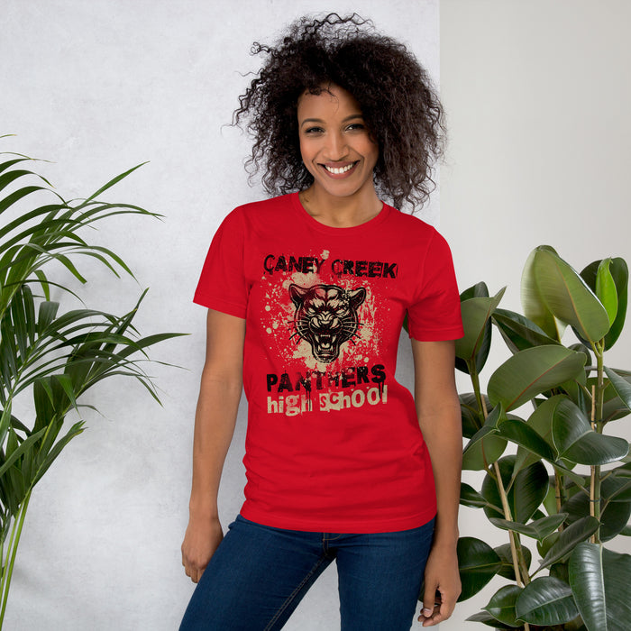 Woman wearing Caney Creek High School Panthers Red Premium Unisex T-shirt 205