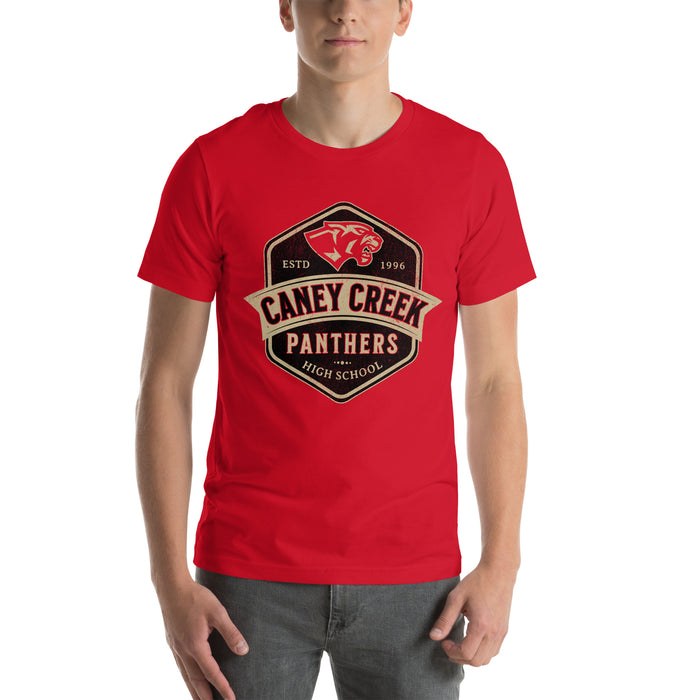 Man wearing Caney Creek High School Panthers Red Premium Unisex T-shirt 209