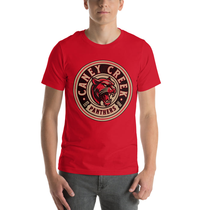 Man wearing Caney Creek High School Panthers Red Premium Unisex T-shirt 220