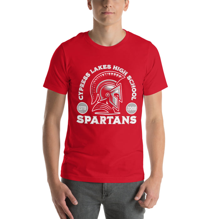 Man wearing Cypress Lakes High School Spartans Red Premium Unisex T-shirt 208