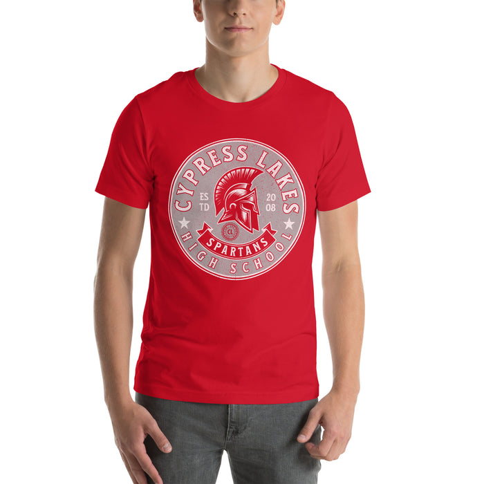 Man wearing Cypress Lakes High School Spartans Red Premium Unisex T-shirt 215