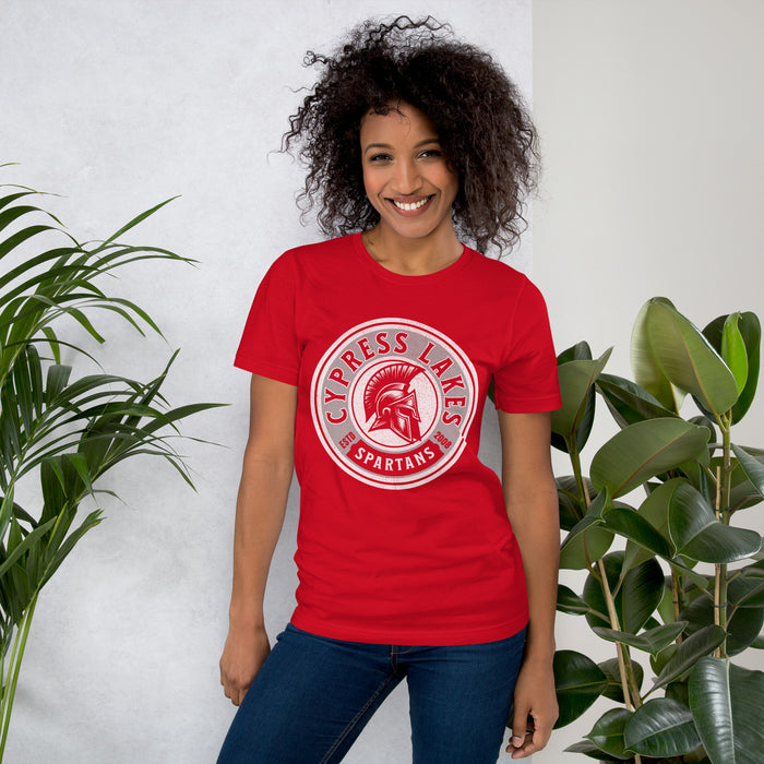 Woman wearing Cypress Lakes High School Spartans Red Premium Unisex T-shirt 220