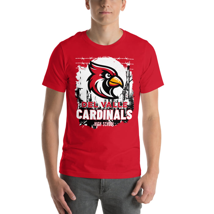 Man wearing Del Valle High School Cardinals Red Premium Unisex T-shirt 202