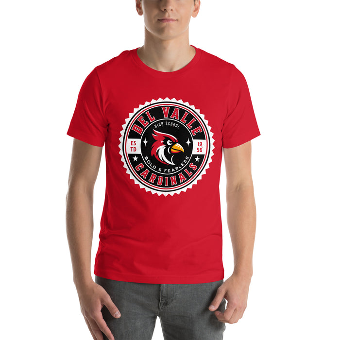 Man wearing Del Valle High School Cardinals Red Premium Unisex T-shirt 203