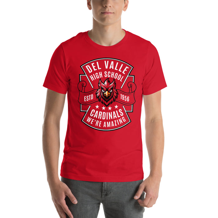 Man wearing Del Valle High School Cardinals Red Premium Unisex T-shirt 207