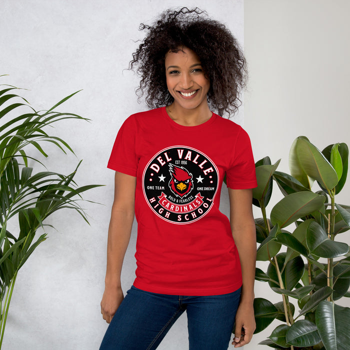 Woman wearing Del Valle High School Cardinals Red Premium Unisex T-shirt 215