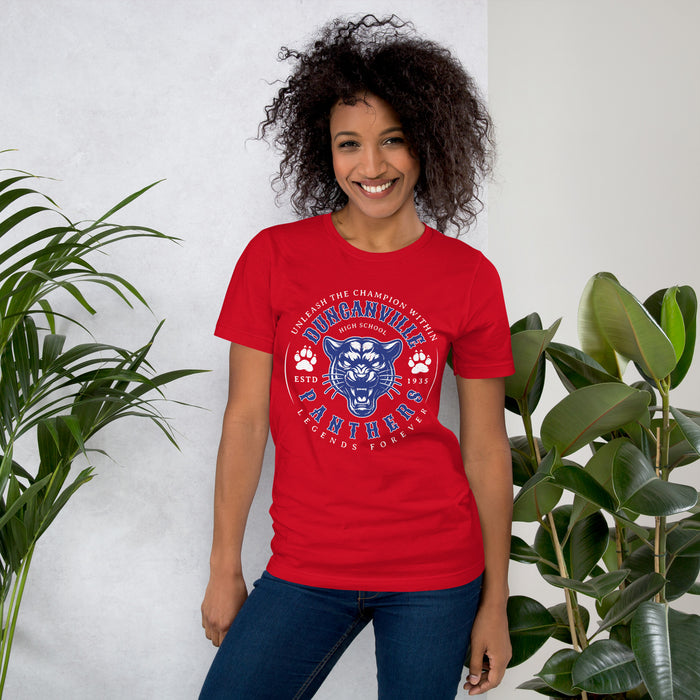 Woman wearing Duncanville High School Panthers Red Premium Unisex T-shirt 214