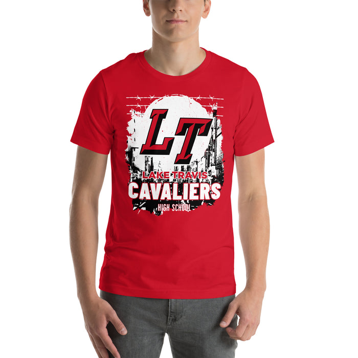 Man wearing Lake Travis High School Cavaliers Red Premium Unisex T-shirt 202