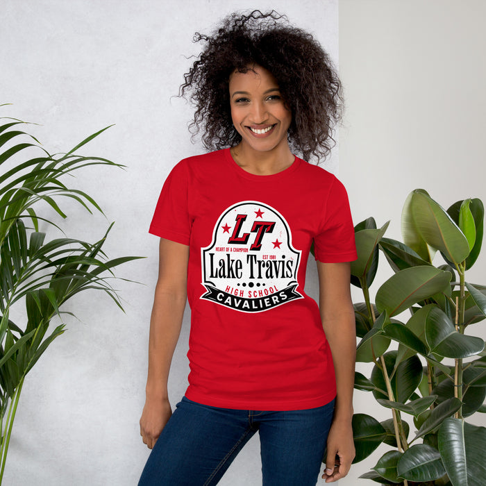 Woman wearing Lake Travis High School Cavaliers Red Premium Unisex T-shirt 219