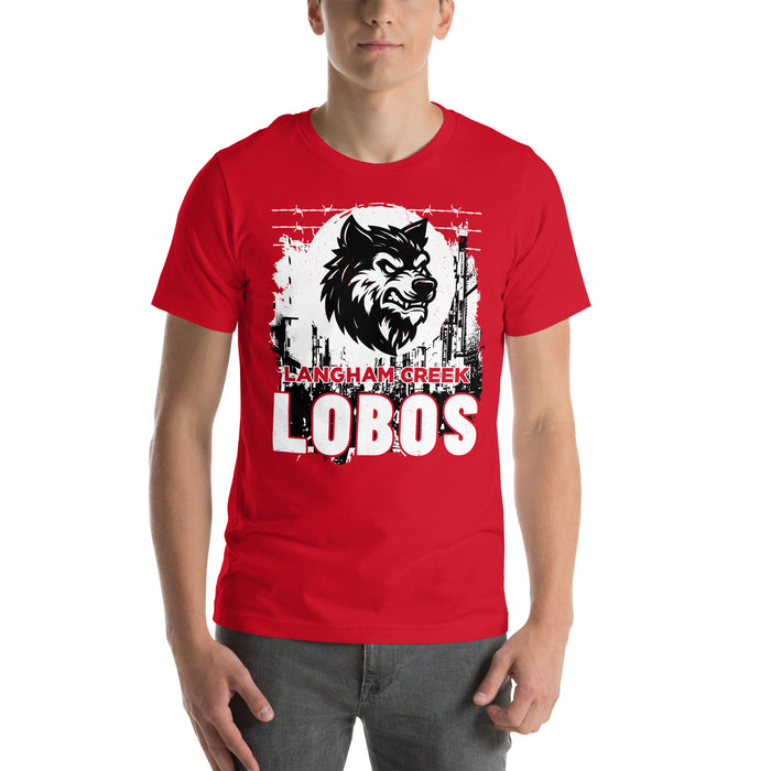 Man wearing Langham Creek High School Lobos Red Premium Unisex T-shirt 202