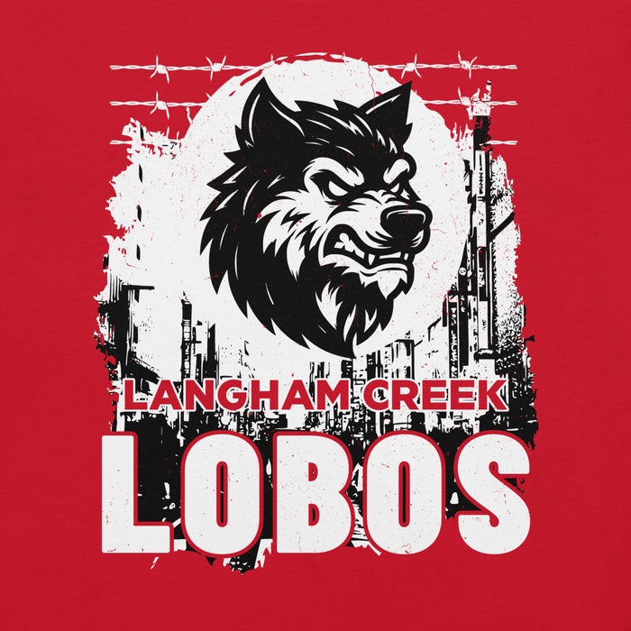 Close-up view of Langham Creek High School Lobos Red Premium Unisex T-shirt 202