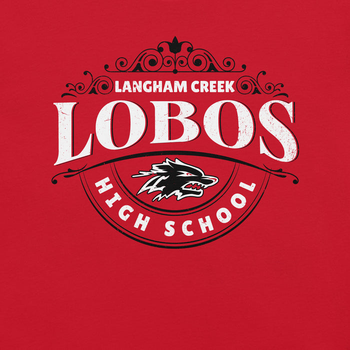 Close-up view of Langham Creek High School Lobos Red Premium Unisex T-shirt 211