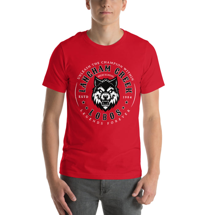 Man wearing Langham Creek High School Lobos Red Premium Unisex T-shirt 214